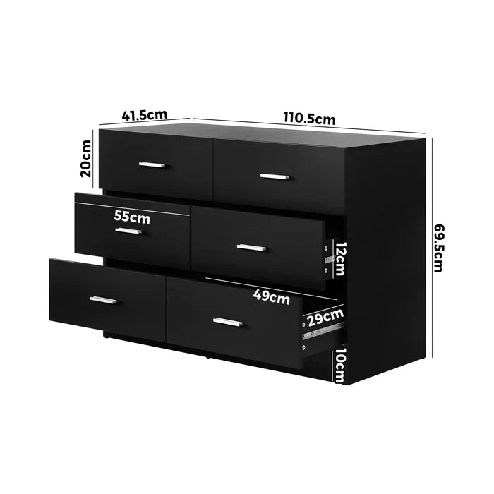 COD-TIKO-BK-AB Oikiture 6 Chest of Drawers Tallboy Dresser Table Lowboy Storage Cabinet Black