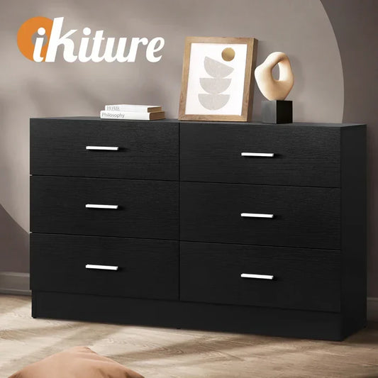 COD-TIKO-BK-AB Oikiture 6 Chest of Drawers Tallboy Dresser Table Lowboy Storage Cabinet Black