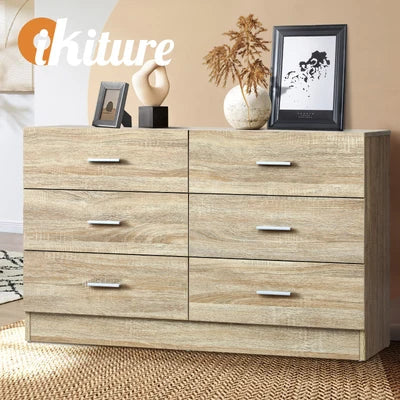 COD-TIKO-WD-AB Oikiture 6 Chest of Drawers Tallboy Dresser Table Lowboy Storage Cabinet Wood