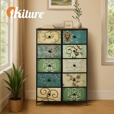 COD-TS-BOHEMI-10D Oikiture 10 Chest of Drawers Fabric Storage Cabinet Tower Tallboy Retro Dresser