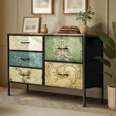 COD-TS-BOHEMI-5D Oikiture 5 Chest Of Drawers Fabric Storage Cabinet Retro Lowboy Organizer