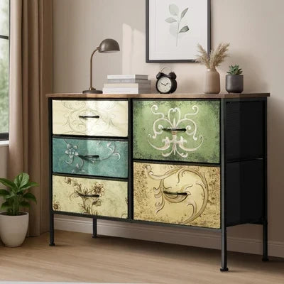 COD-TS-BOHEMI-5D Oikiture 5 Chest Of Drawers Fabric Storage Cabinet Retro Lowboy Organizer