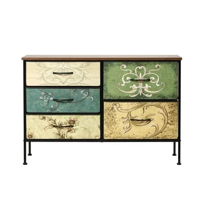 COD-TS-BOHEMI-5D Oikiture 5 Chest Of Drawers Fabric Storage Cabinet Retro Lowboy Organizer