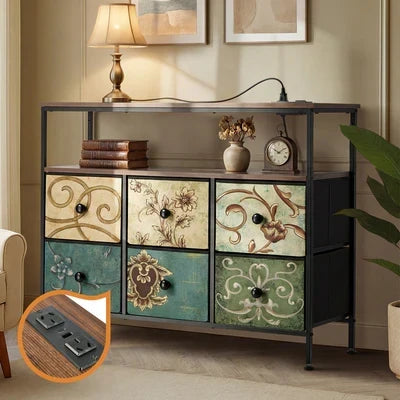 COD-TS-BOHEMI-SOCKET-6D Oikiture 6 Chest of Drawers Fabric Retro Dresser Lowboy Shelf Charging Station