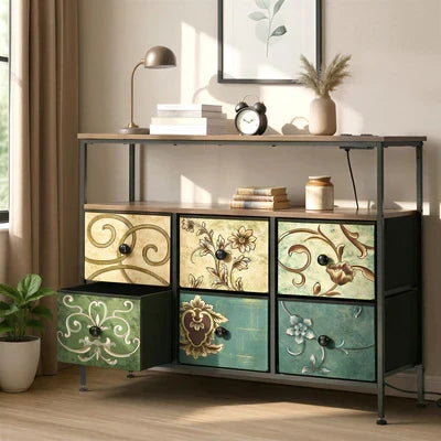 COD-TS-BOHEMI-SOCKET-6D Oikiture 6 Chest of Drawers Fabric Retro Dresser Lowboy Shelf Charging Station