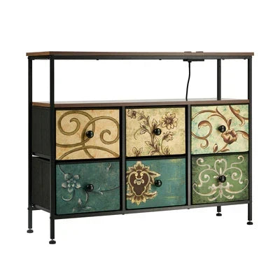 COD-TS-BOHEMI-SOCKET-6D Oikiture 6 Chest of Drawers Fabric Retro Dresser Lowboy Shelf Charging Station