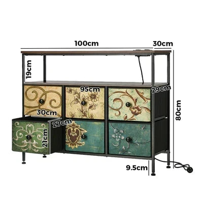 COD-TS-BOHEMI-SOCKET-6D Oikiture 6 Chest of Drawers Fabric Retro Dresser Lowboy Shelf Charging Station