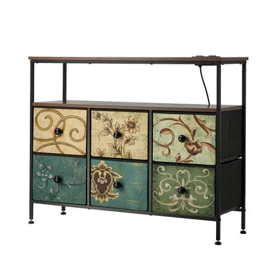 COD-TS-BOHEMI-SOCKET-6D Oikiture 6 Chest of Drawers Fabric Retro Dresser Lowboy Shelf Charging Station