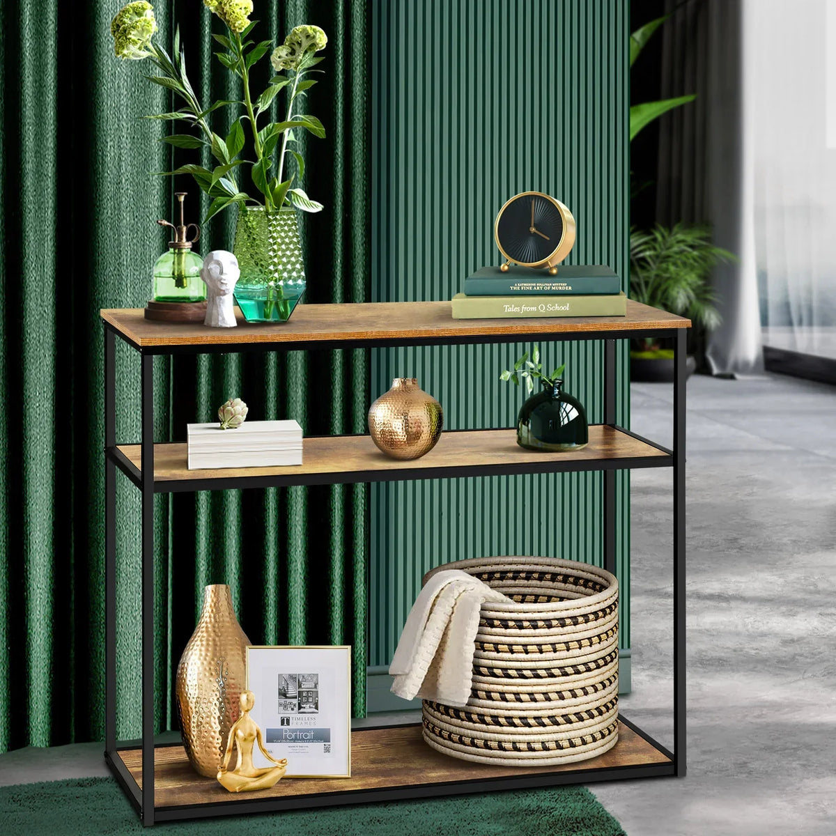 CST-A12-WD Oikiture Hall Console Table Metal Hallway Desk Entry Display Wooden Furniture