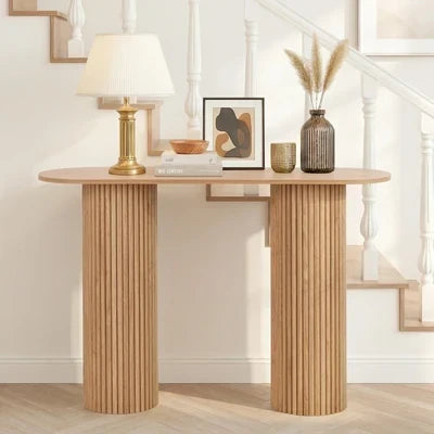 CST-JEN-WD Oikiture Console Table Oval Hallway Desk Modern Entryway Table Natural