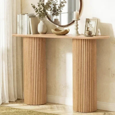 CST-JEN-WD Oikiture Console Table Oval Hallway Desk Modern Entryway Table Natural
