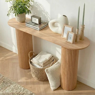 CST-JEN-WD Oikiture Console Table Oval Hallway Desk Modern Entryway Table Natural