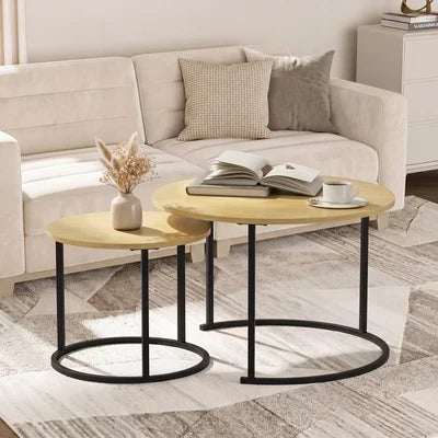 CTB-S2-6040-WDBK Oikiture Set of 2 Nesting Coffee Table Round Side End Tables Natural and black