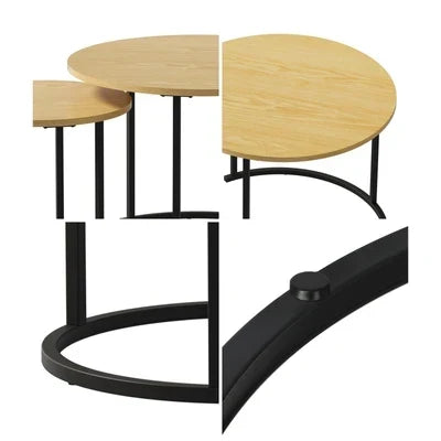 CTB-S2-6040-WDBK Oikiture Set of 2 Nesting Coffee Table Round Side End Tables Natural and black