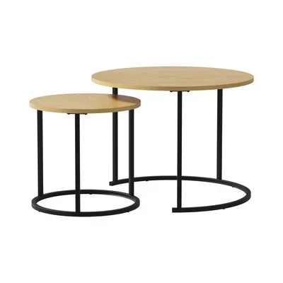 CTB-S2-6040-WDBK Oikiture Set of 2 Nesting Coffee Table Round Side End Tables Natural and black