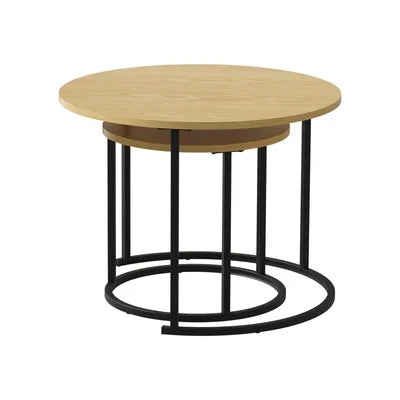 CTB-S2-6040-WDBK Oikiture Set of 2 Nesting Coffee Table Round Side End Tables Natural and black