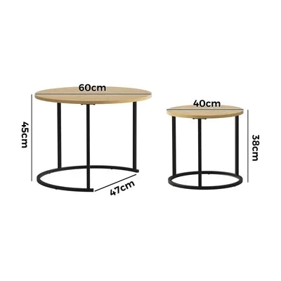 CTB-S2-6040-WDBK Oikiture Set of 2 Nesting Coffee Table Round Side End Tables Natural and black