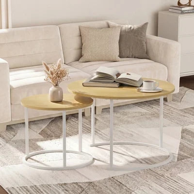 CTB-S2-6040-WDWH Oikiture Set of 2 Nesting Coffee Table Round Side End Tables Natural and White