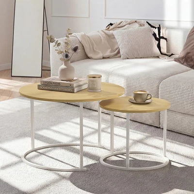CTB-S2-6040-WDWH Oikiture Set of 2 Nesting Coffee Table Round Side End Tables Natural and White