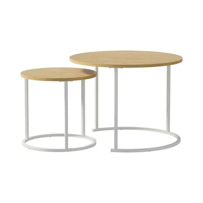 CTB-S2-6040-WDWH Oikiture Set of 2 Nesting Coffee Table Round Side End Tables Natural and White