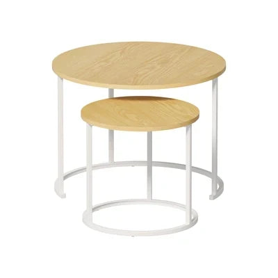 CTB-S2-6040-WDWH Oikiture Set of 2 Nesting Coffee Table Round Side End Tables Natural and White