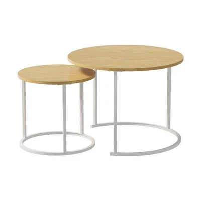 CTB-S2-6040-WDWH Oikiture Set of 2 Nesting Coffee Table Round Side End Tables Natural and White