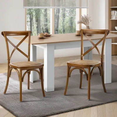 DCH-FJ-KRO-WN-2PC Oikiture 2PCS Crossback Dining Chair Solid Birch Timber Wood Rattan Seat Walnut