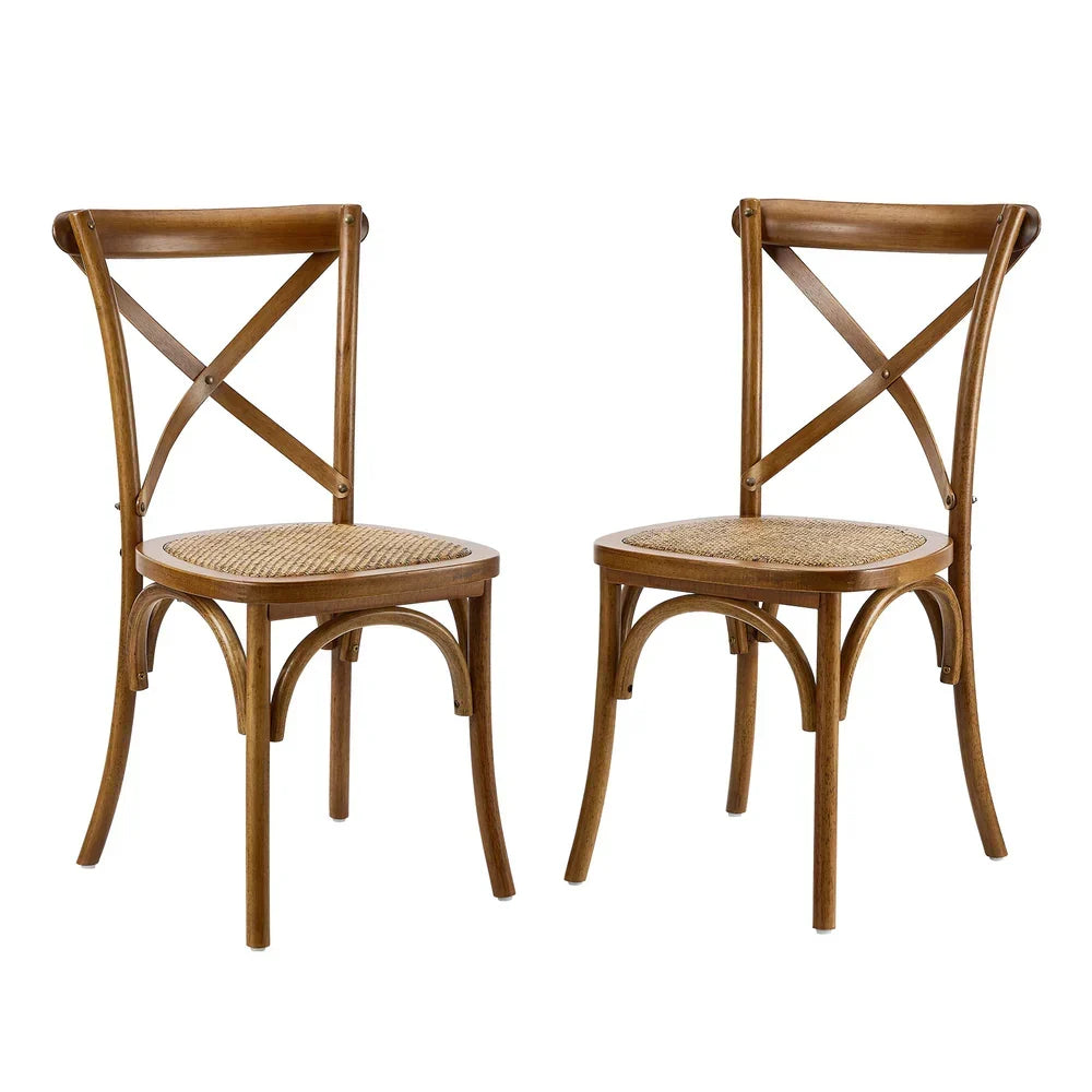 DCH-FJ-KRO-WN-2PC Oikiture 2PCS Crossback Dining Chair Solid Birch Timber Wood Rattan Seat Walnut
