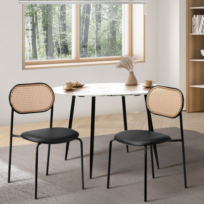 DCH-RATPU-BK-2PC Oikiture 2PCS Dining Chair Accent Chairs Rattan Furniture PU Leather Black