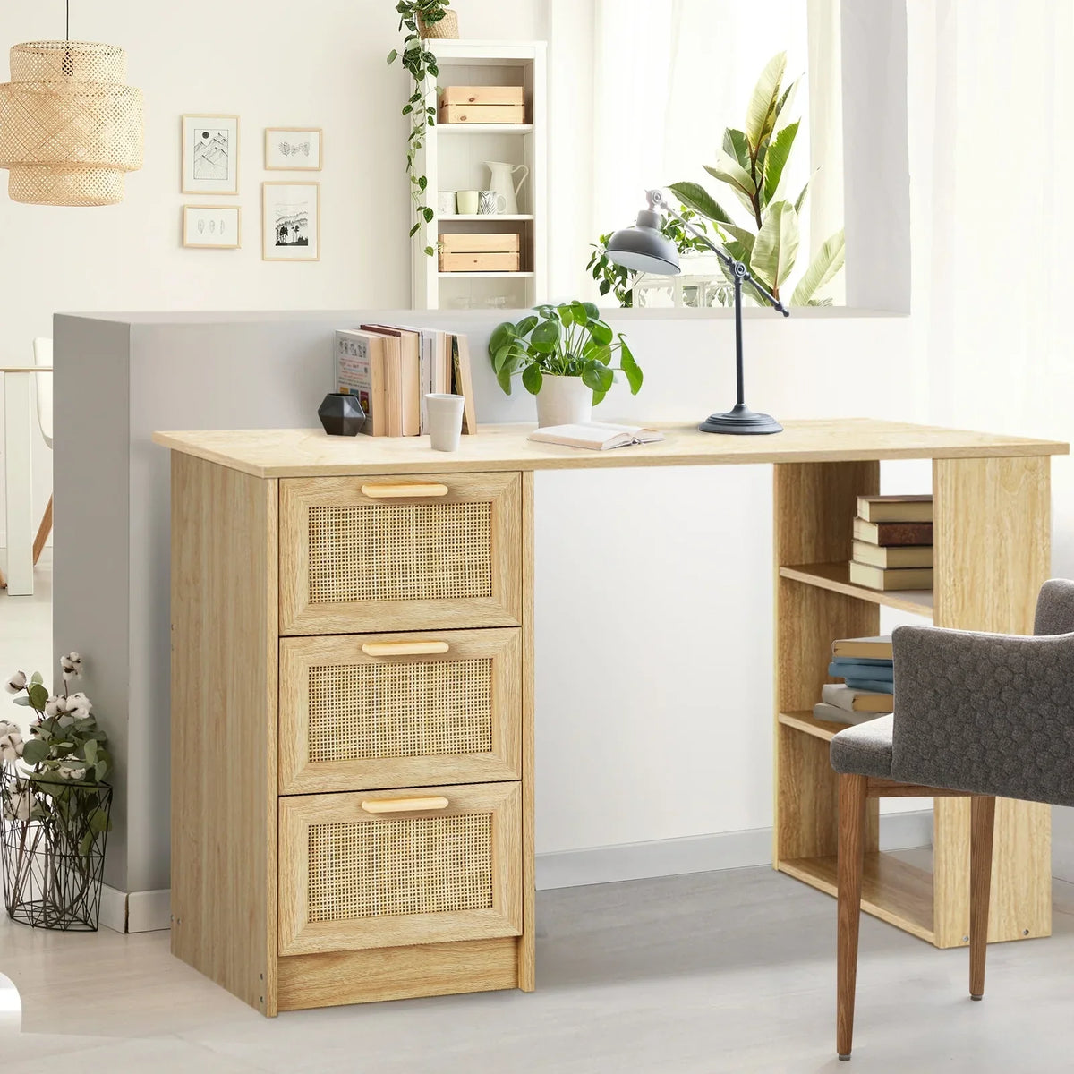 DK-A22-RAT-WD Oikiture Computer Desk Drawers Storage Shelf Laptop Student Study Office Table