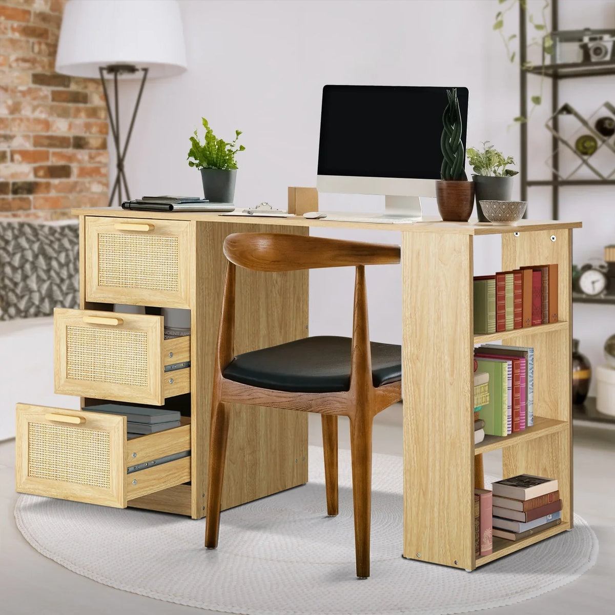 DK-A22-RAT-WD Oikiture Computer Desk Drawers Storage Shelf Laptop Student Study Office Table