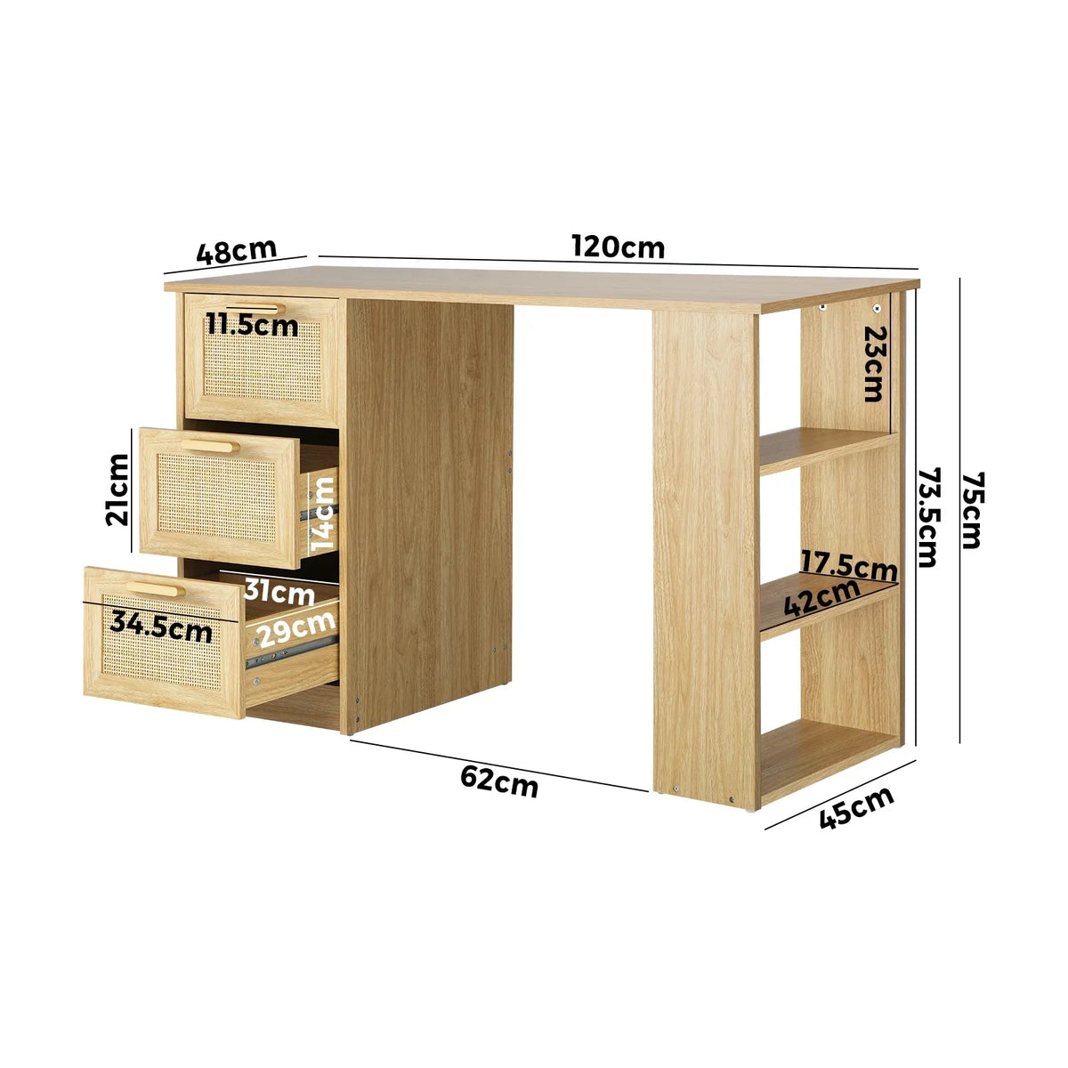 DK-A22-RAT-WD Oikiture Computer Desk Drawers Storage Shelf Laptop Student Study Office Table