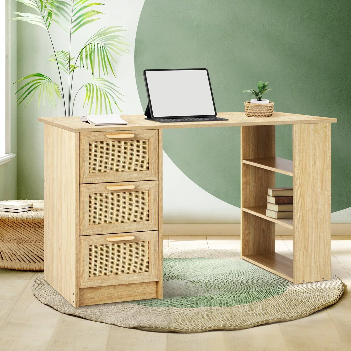 DK-A22-RAT-WD Oikiture Computer Desk Drawers Storage Shelf Laptop Student Study Office Table