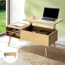 CTB-PUK-WD Oikiture Coffee Table Lift Up Top Modern Tables Hidden Book Storage Shelf Wood