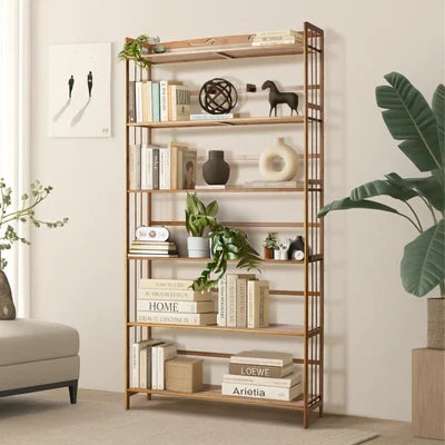 DS-BM-690-BR Oikiture 6-tier Bamboo Bookshelf Bookcase Adjustable Display Shelf Storage Rack