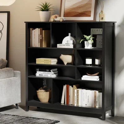 DS-MF-PANE-4S-BK-AB Oikiture Bookshelf Bookcase Display Shelf 4-Tier Storage Cabinet Black