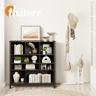 DS-MF-PANE-4S-BK-AB Oikiture Bookshelf Bookcase Display Shelf 4-Tier Storage Cabinet Black