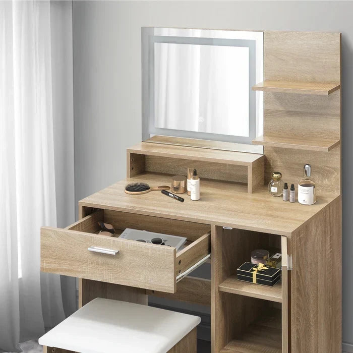 DT-ST-B16-WD-AB Oikiture Dressing Table Stool Set Makeup Mirror LED Light Cabinet Natural