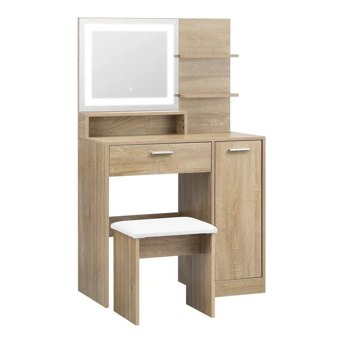 DT-ST-B16-WD-AB Oikiture Dressing Table Stool Set Makeup Mirror LED Light Cabinet Natural