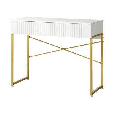DT-HH-GLORY-WHGD Oikiture Dressing Table Vanity Makeup Desk 2 Drawers White and Gold