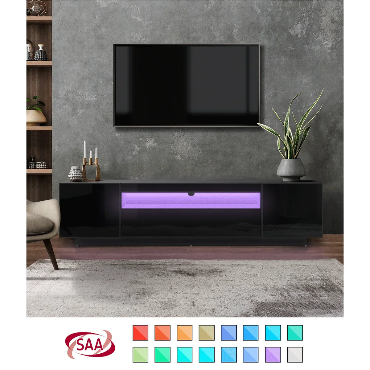 EU-BD-D3-180-BK-AB Oikiture Entertainment Unit TV Stand Cabinet Gloss RGB LED Black 180CM