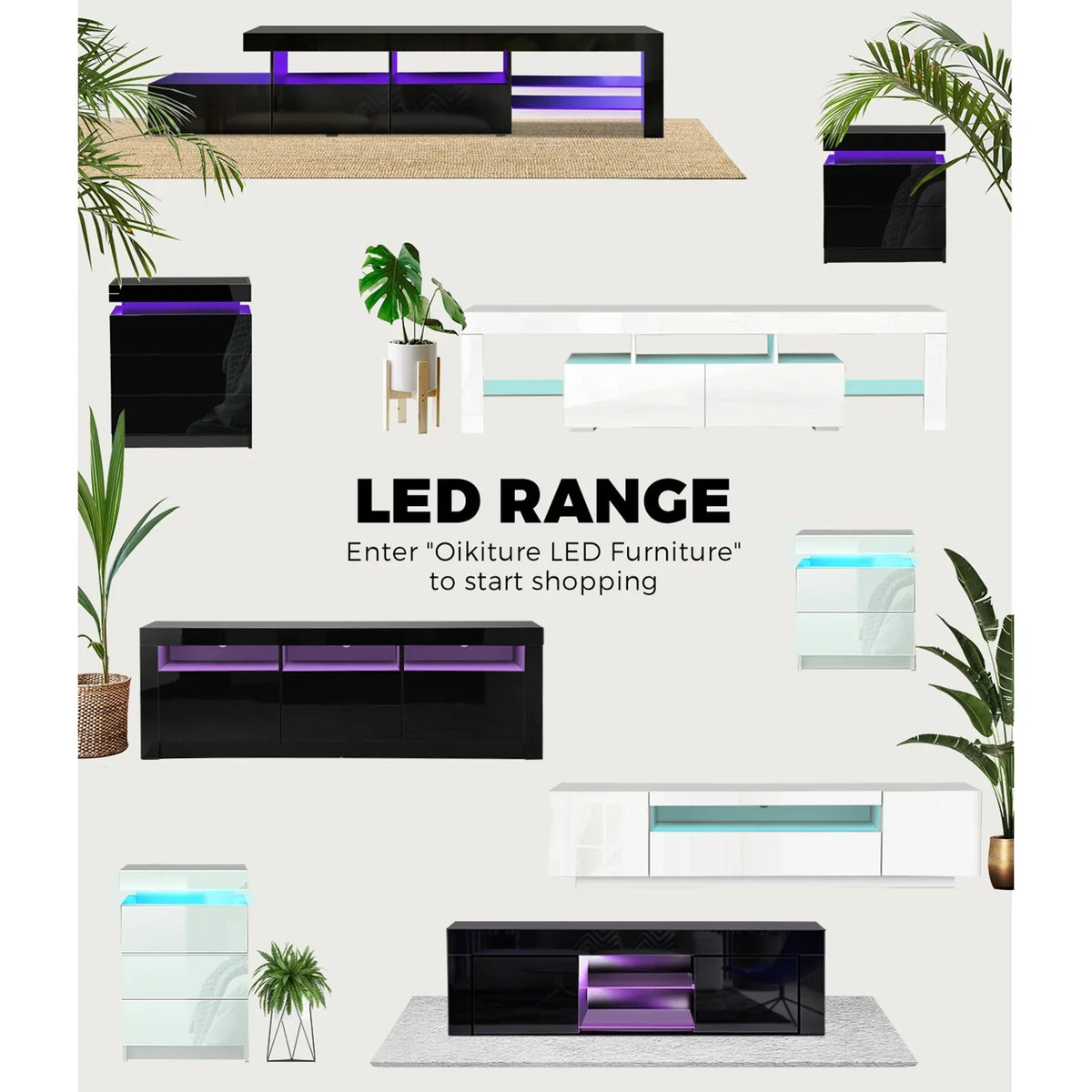 EU-BD-D3-180-BK-AB Oikiture Entertainment Unit TV Stand Cabinet Gloss RGB LED Black 180CM