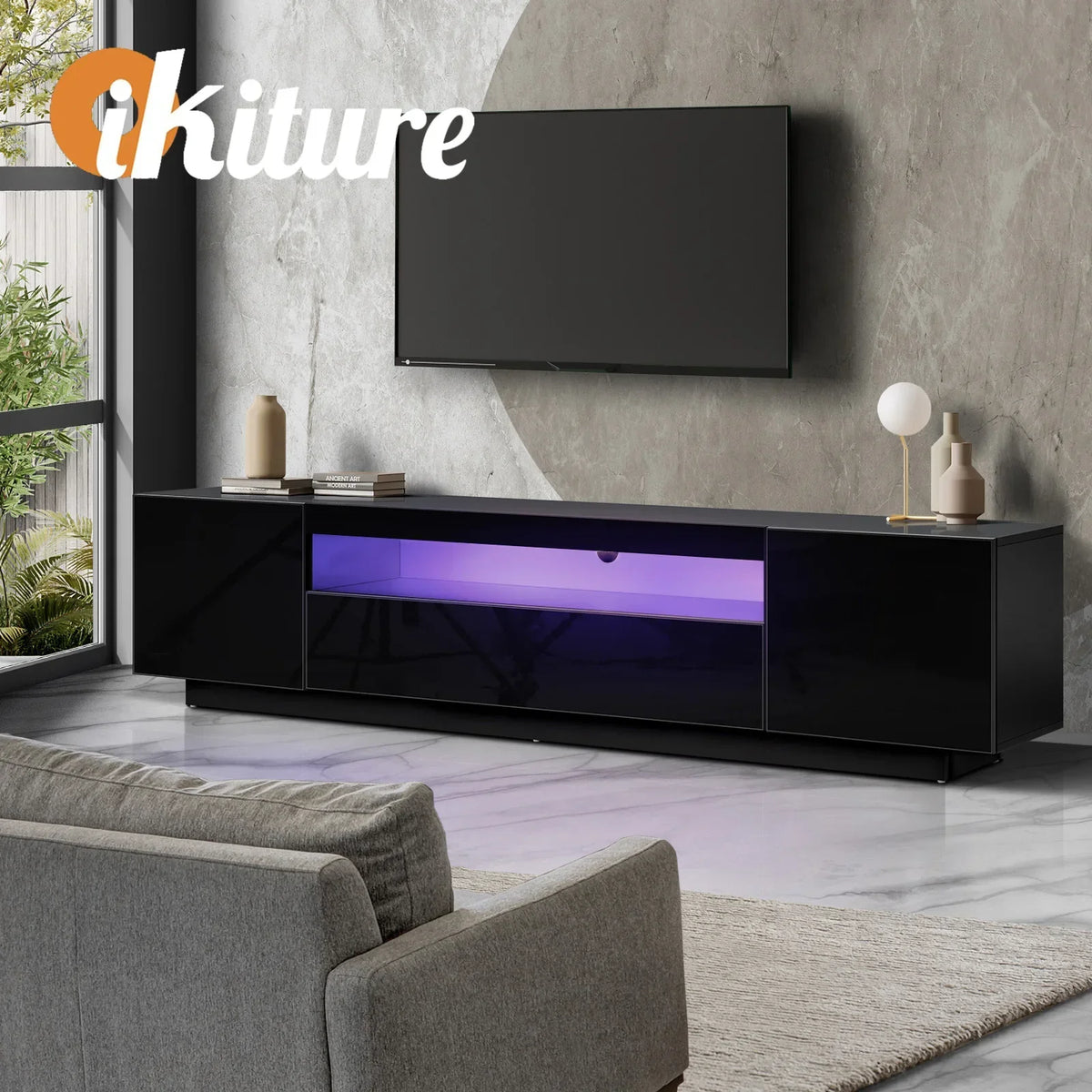 EU-BD-D3-180-BK-AB Oikiture Entertainment Unit TV Stand Cabinet Gloss RGB LED Black 180CM
