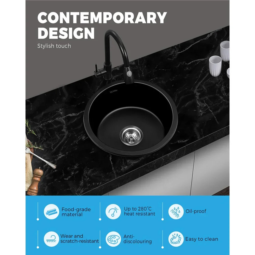 GSK-430R-BK Black Kitchen Granite Sink Stone Bathroom Basin Sink Single Bowl Under/Top Mount