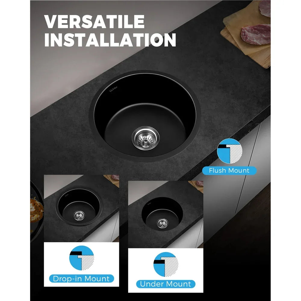 GSK-430R-BK Black Kitchen Granite Sink Stone Bathroom Basin Sink Single Bowl Under/Top Mount