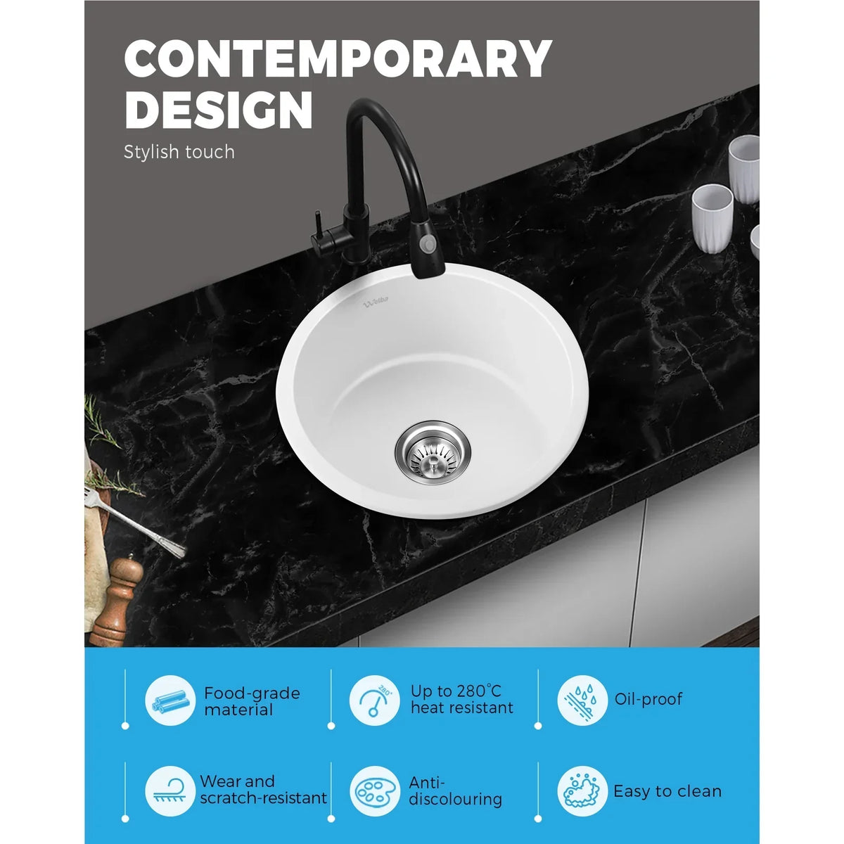 GSK-430R-WH Kitchen Granite Sink Stone Bathroom Basin Sink Single Bowl Under/Top Mount
