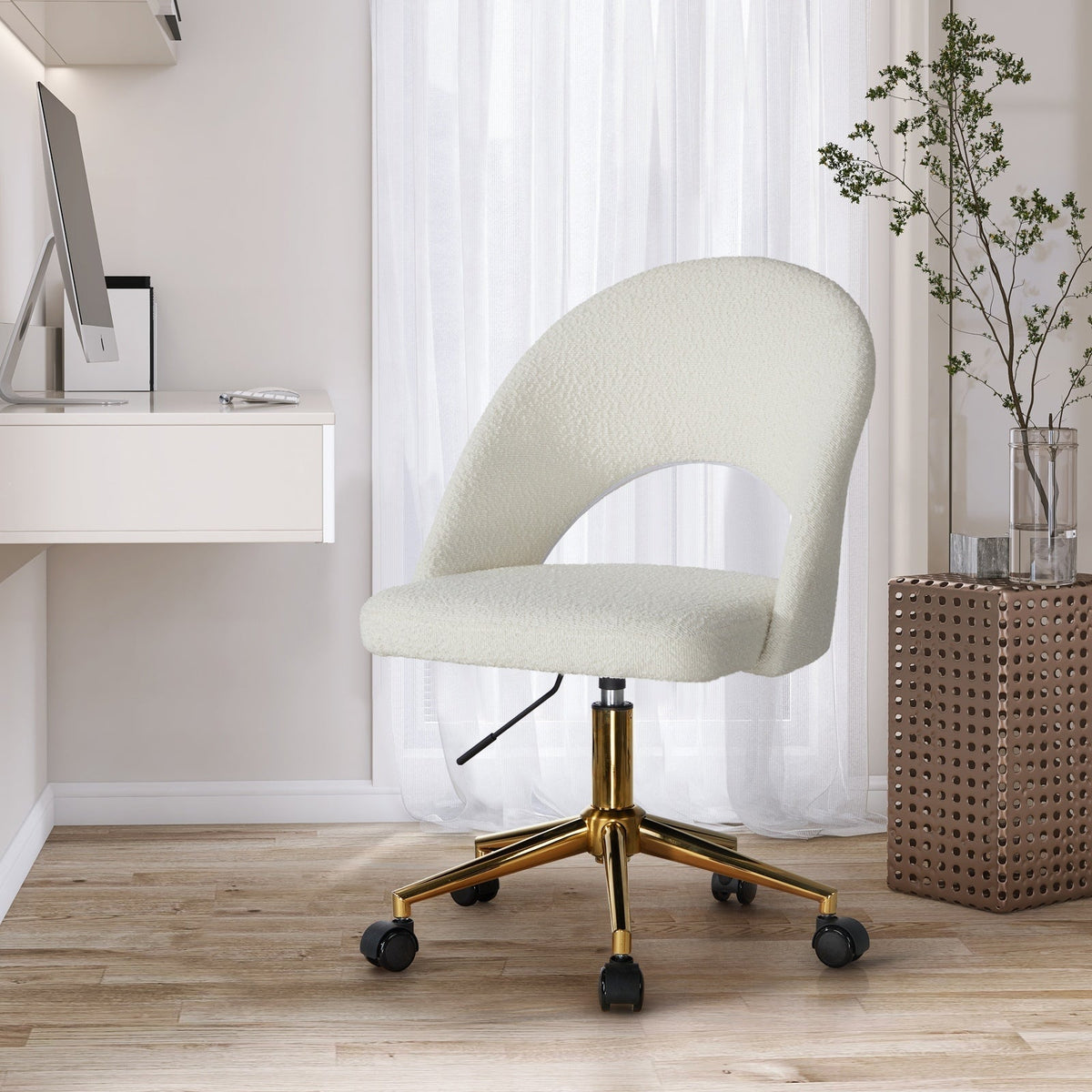 Oikiture High Back Hollow Armless Home Office Chair Boucle White and Gold