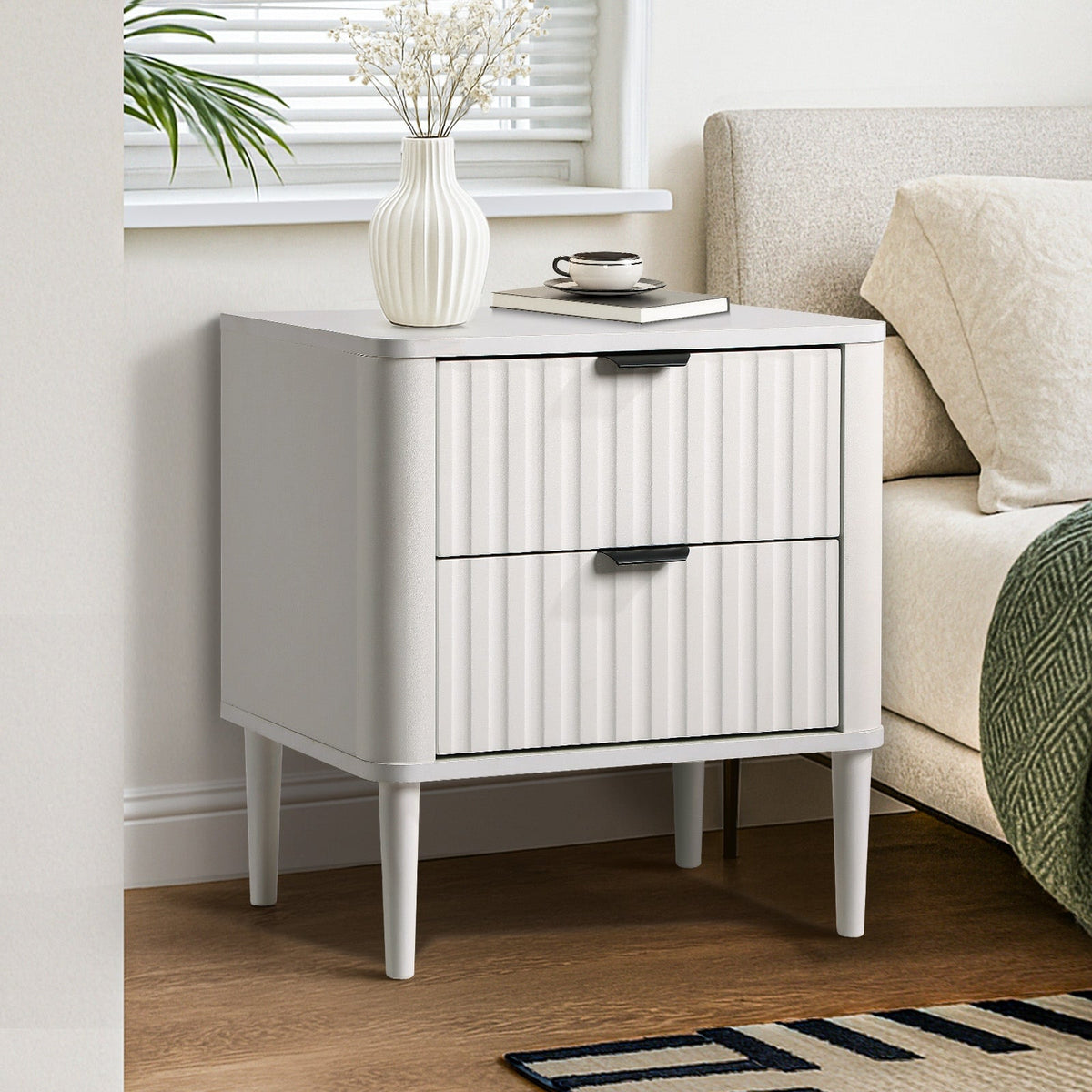 Oikiture Bedside Table Nightstand Side Storage 2 Drawers Cabinet White