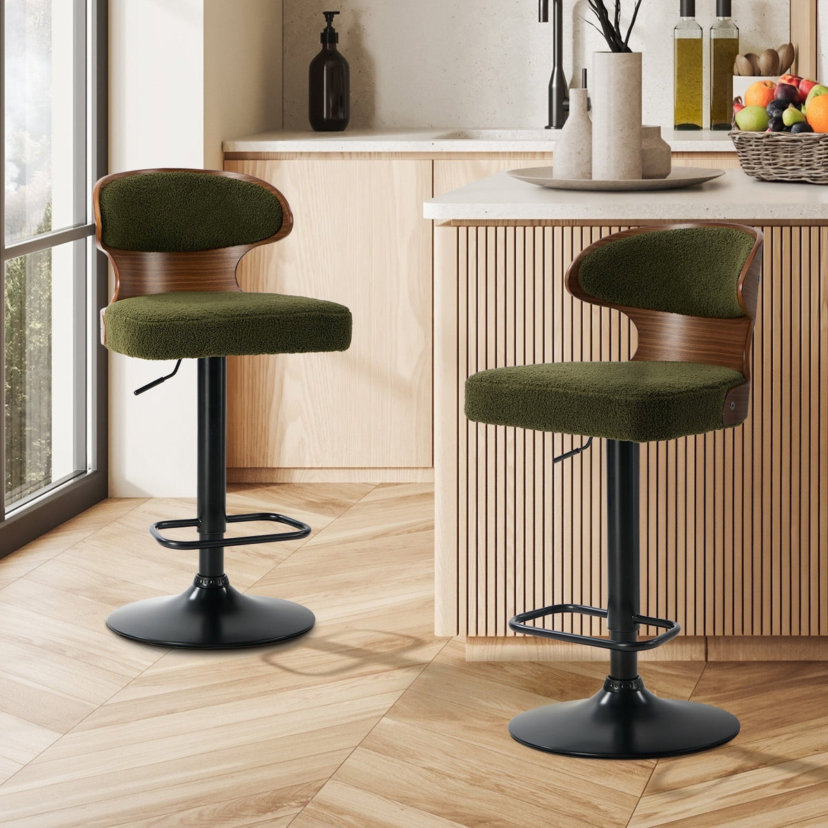 Oikiture 2x Bar Stools Swivel Kitchen Bar Chairs Gas Lift Stool Boucle Green