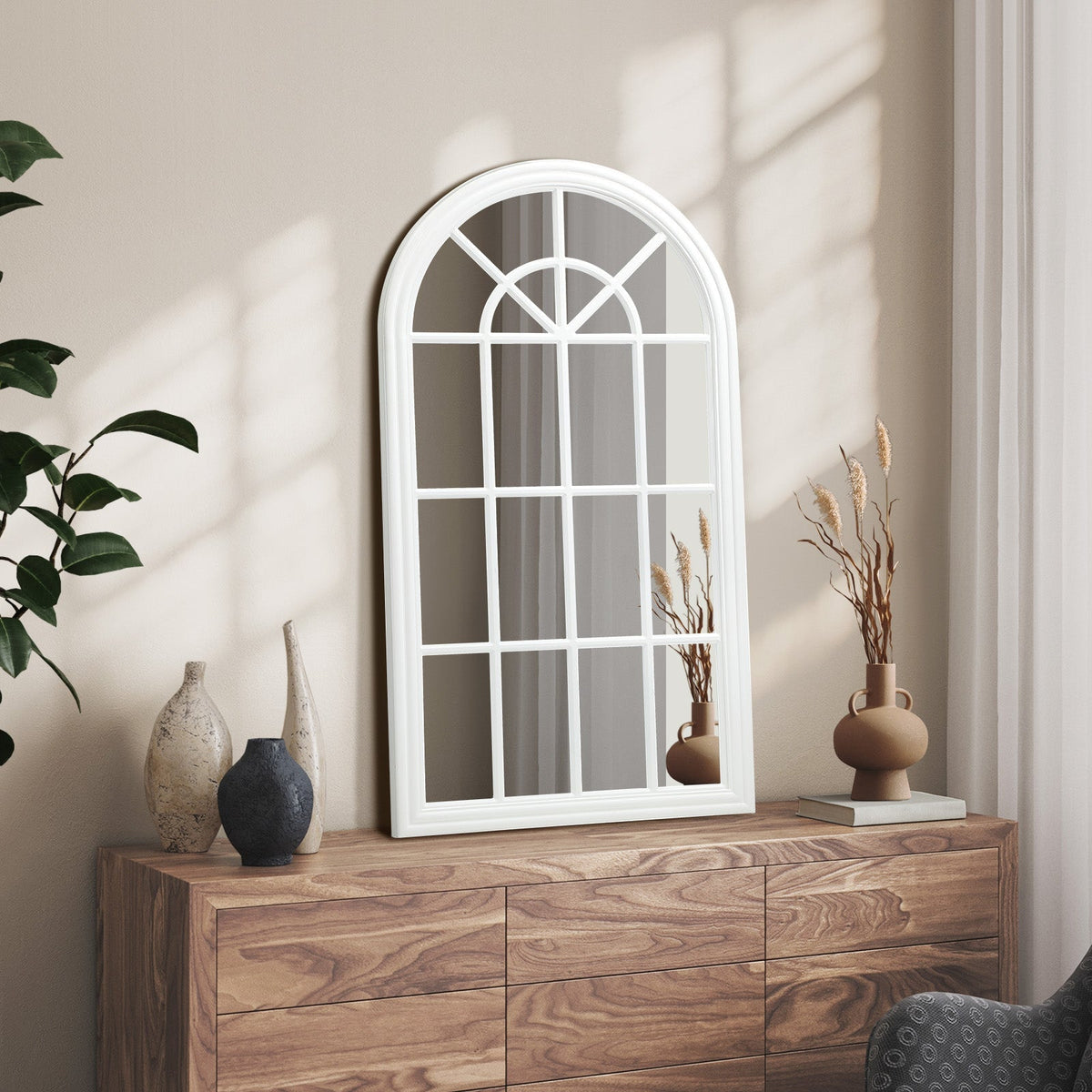 Oikiture Window Mirror Arched Wall Mirrors Decor 76x51cm Wooden White